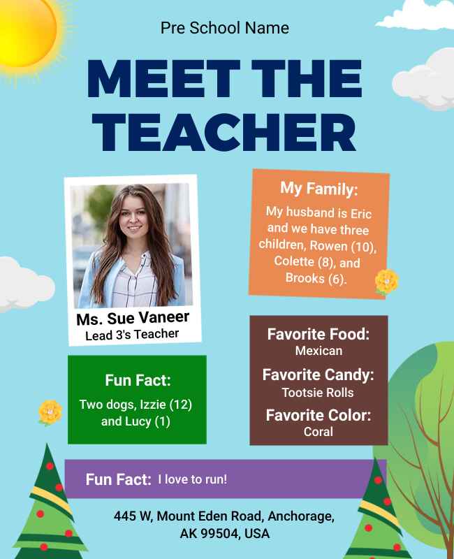 Blue preschool meet-the-teacher flyer with simple design and event details.