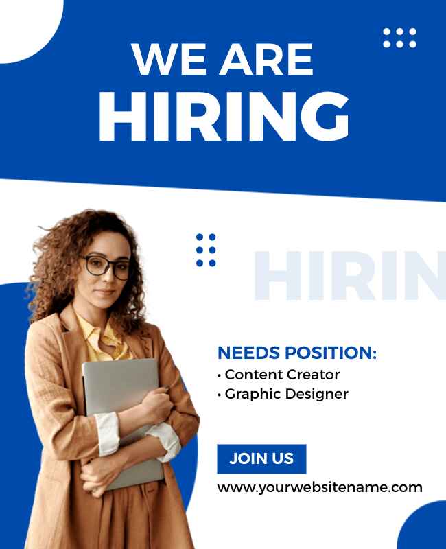 Blue modern “We are Hiring” flyer template highlighting recruitment opportunities.