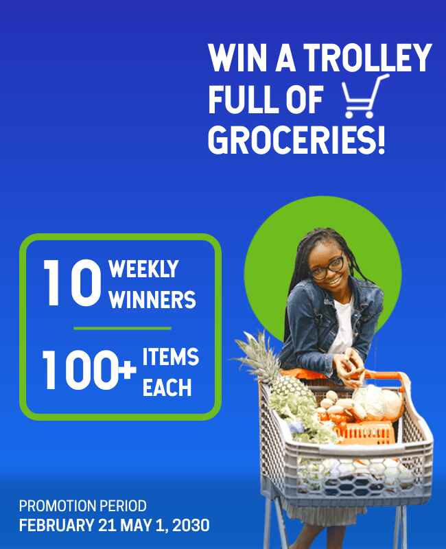 Blue-themed supermarket flyer with clean layout and promotions.