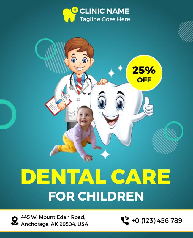 Colorful Kids' Dental Care flyer featuring fun cartoon characters to promote pediatric dental services