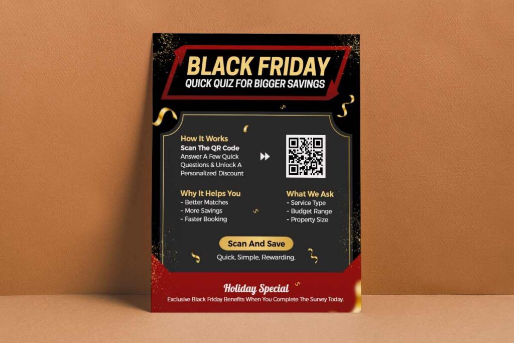 Bold Black and Gold Black Friday Savings Quiz Flyer Template