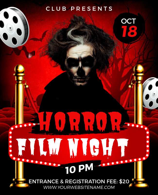 Horror film flyer with dark tones, eerie fonts, and spooky visuals for a chilling effect.