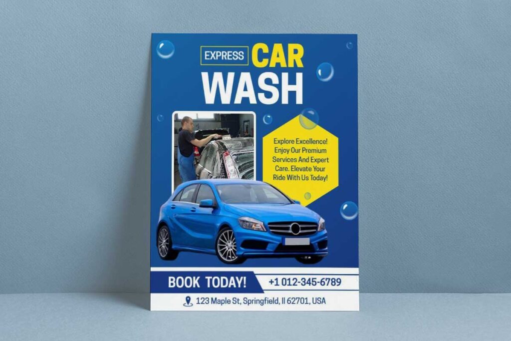 Bold Blue Express Car Wash Services Flyer Template