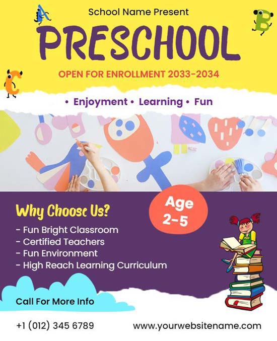 Bold Colorful Preschool Flyer Featuring Vibrant Design and Key Program Information