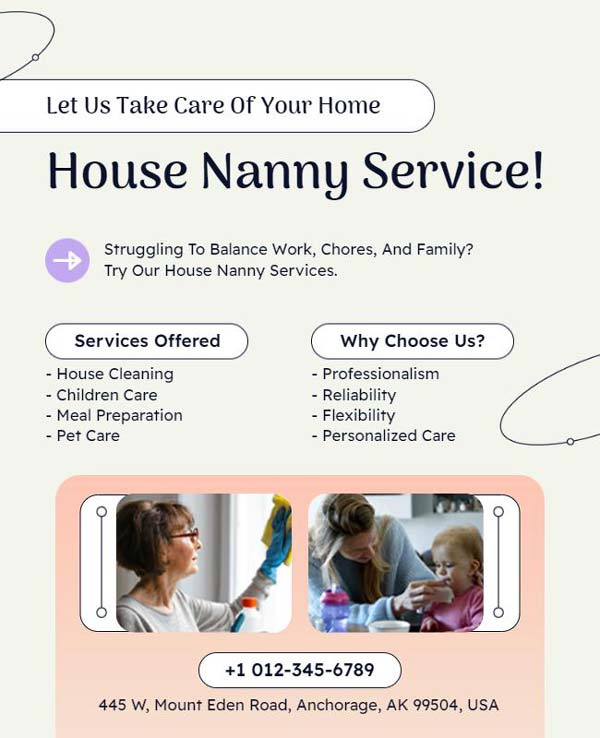 Bold Headline House Nanny Service Flyer Featuring Strong Design and Service Information