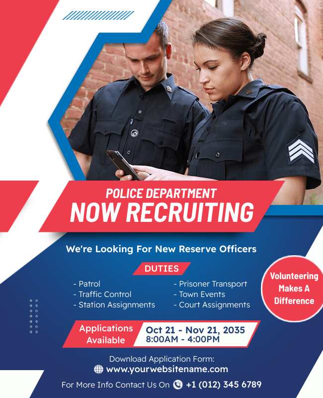 Police recruitment flyer showcasing bold design and benefits.