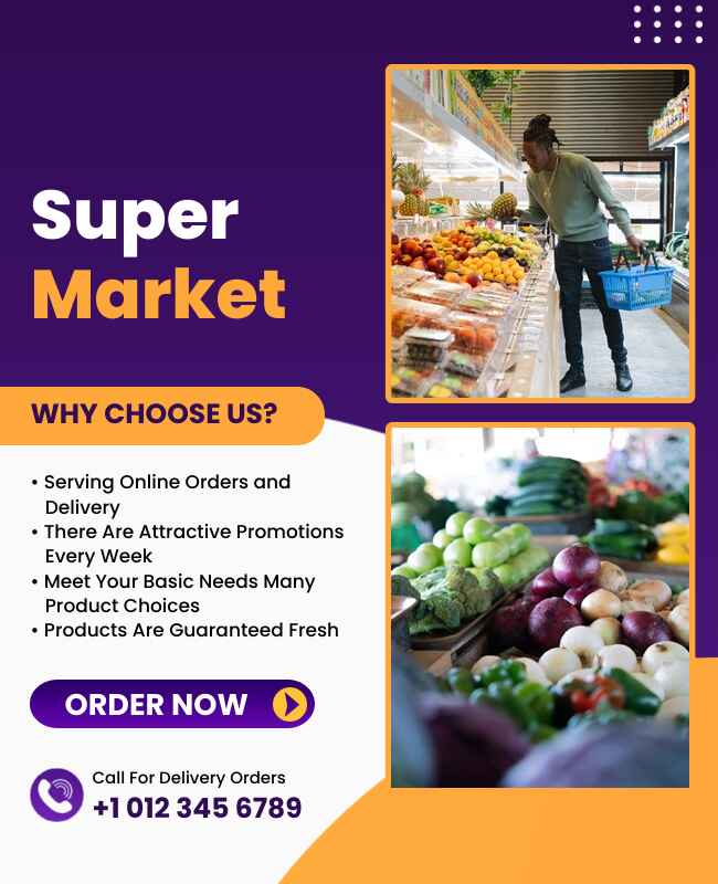 Bold purple supermarket flyer featuring vibrant design and offers.