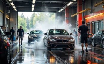 Eye-catching car wash flyer placed on a service counter, with a clean, shiny cars.