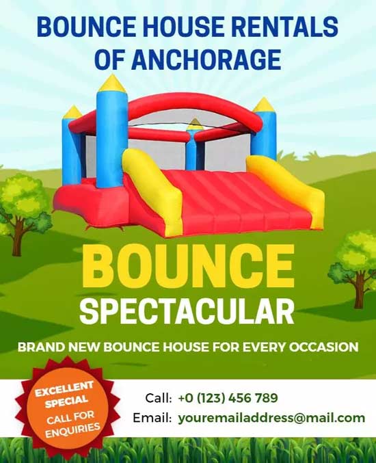 Illustrative of Bounce House Rentals Featured on a Colorful Advertising Flyer