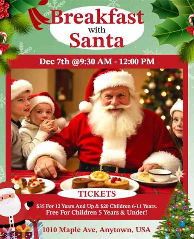 Breakfast Event with Santa Flyer Featuring Festive Design and Friendly Atmosphere