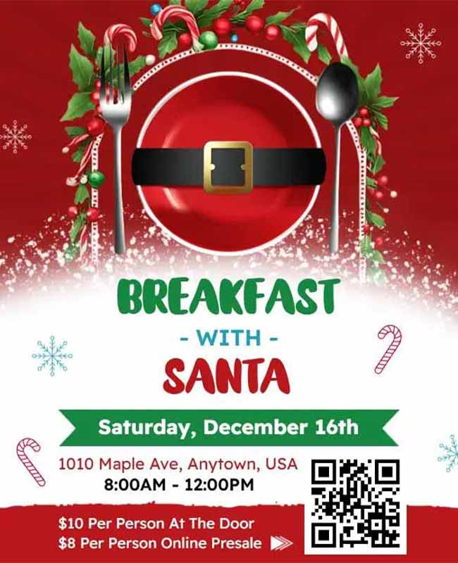 Breakfast with Santa Event Flyer Featuring Festive Graphics and Event Details