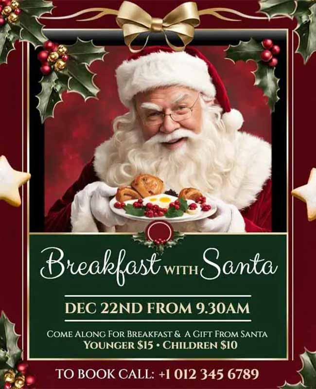 Breakfast with Santa Holiday Event Flyer Featuring Festive Design and Event Details