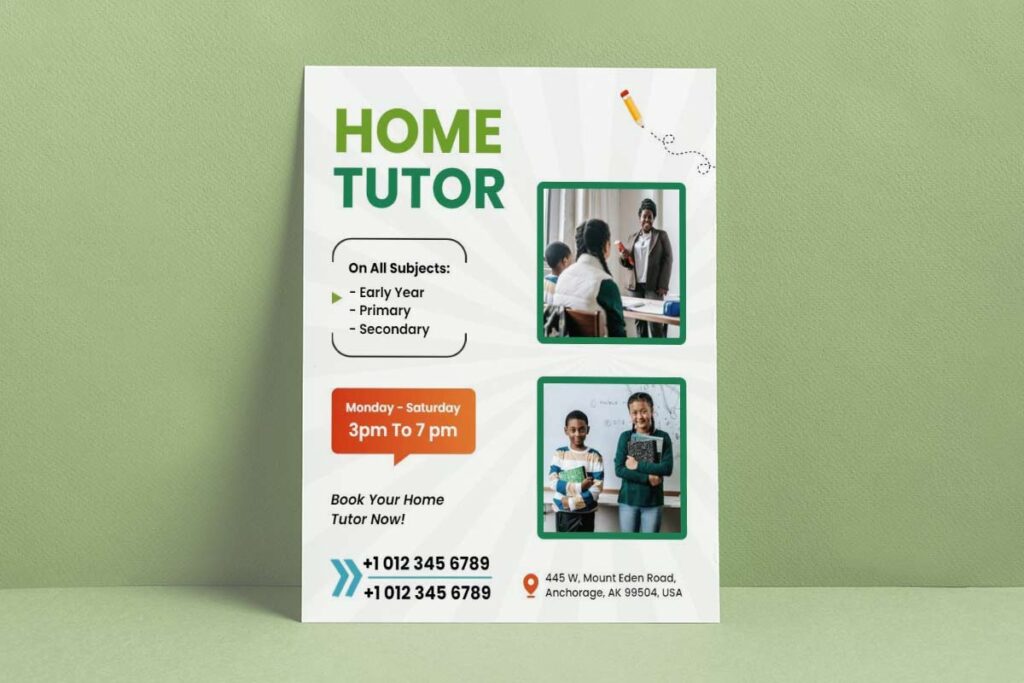 Bright Green Educational Home Tutor Services Flyer Template