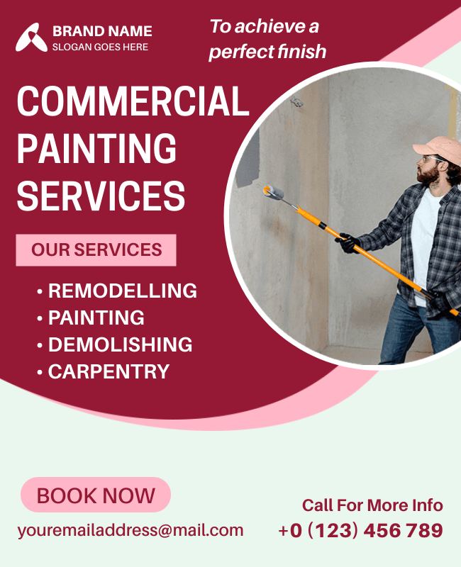 Professional commercial painting services flyer with bold colors and key service details