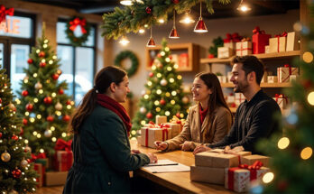 festive Christmas tree shop flyer with cheerful design and holiday-themed elements