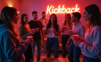 Group of friends dancing at a lively kickback party in a cozy living room