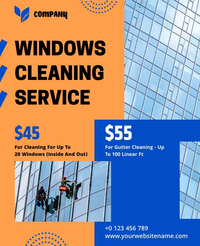 Brown and blue cleaning service flyer with clean, professional design elements.