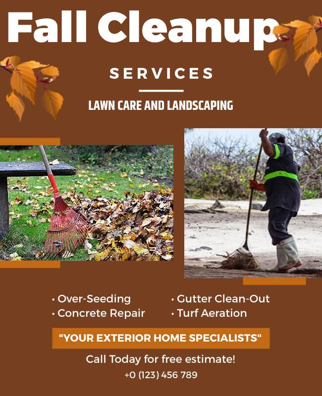 Fall cleanup flyer with a brown-themed design.