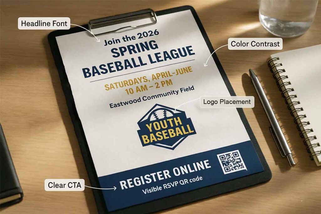 Professional budget baseball flyer design example with key elements highlighted