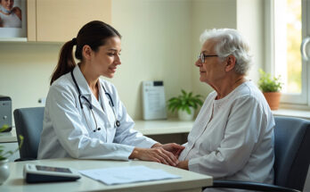 Female doctor providing care to elderly patient in a bright, welcoming clinic with a visible healthcare flyer