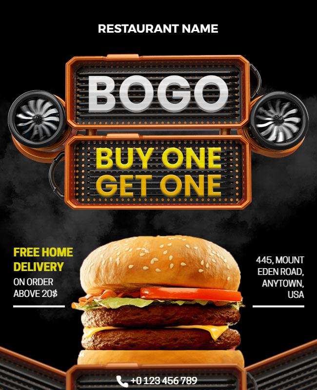 BOGO flyer promoting a buy one, get one free deal to boost sales.