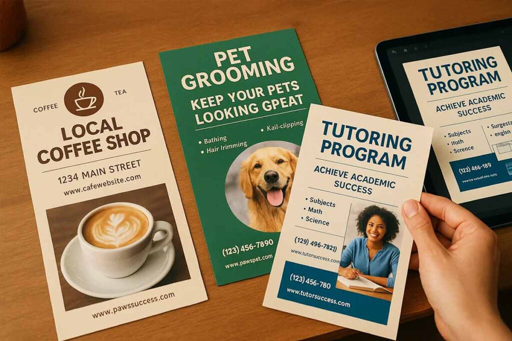 A person holding a flyer for a local pet grooming business.