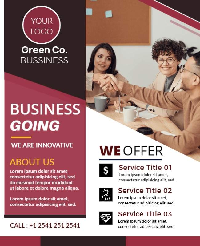 A business profile flyer featuring company mission, values, and key services for trade shows and meetings.