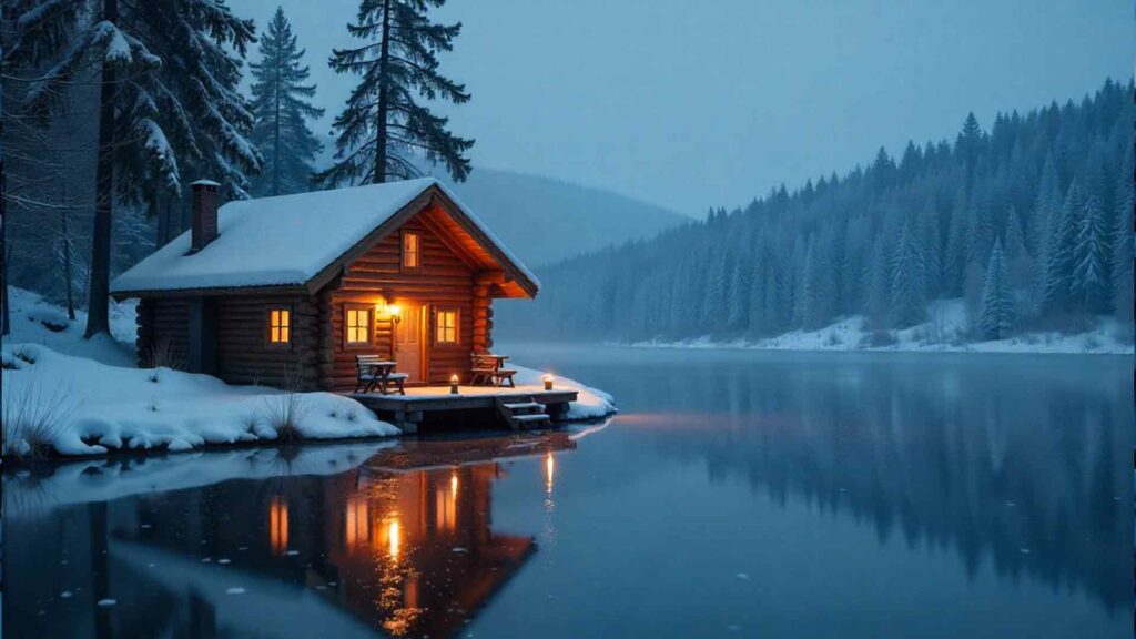 Cabin By Frozen Lake At Christmas Background