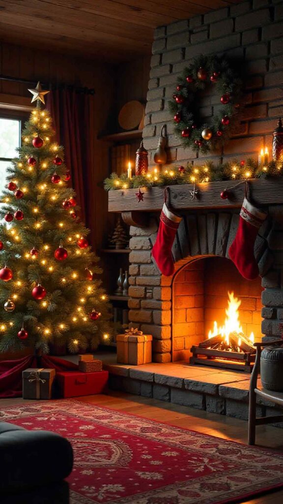 Cabin Lodge Interior With Rough Stone Fireplace Background