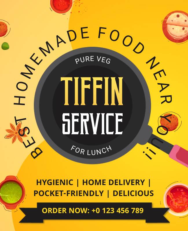 Home-made tiffin delivery flyer showcasing fresh Indian meals for doorstep delivery