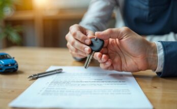 Hands Exchanging Car Keys Over a Contract