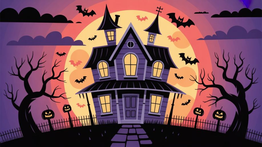 cartoon haunted house with yellow moon