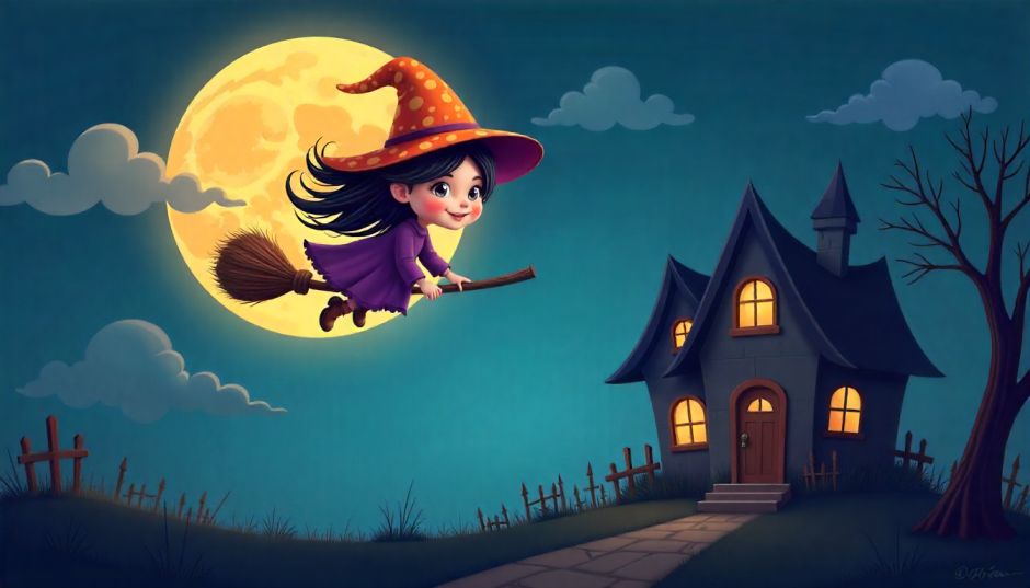 cartoon witch in sky