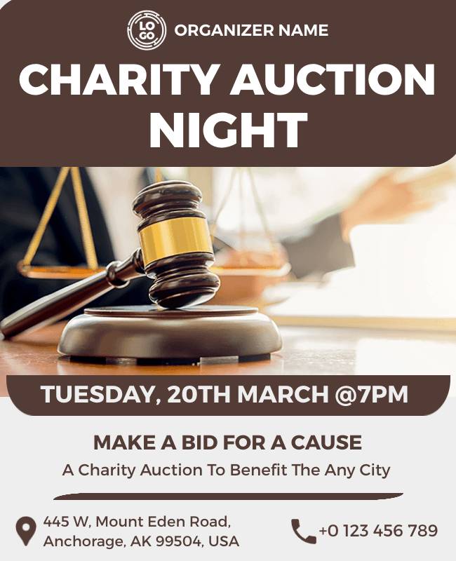 Charity auction flyer featuring event details and auction items in a sleek design.