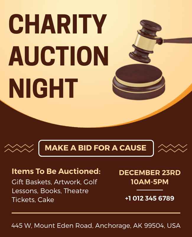 Light Yellow and Brown Charity Auction Night Flyer Template