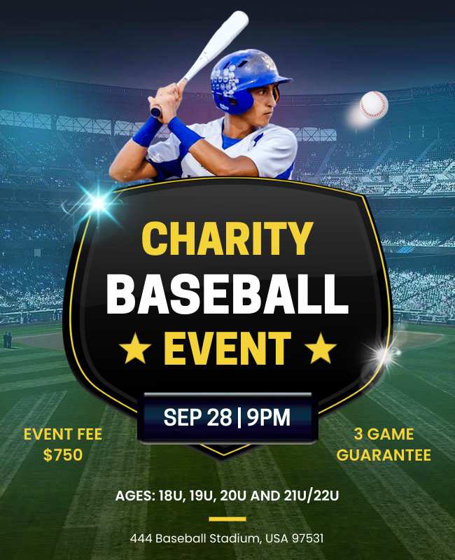 Charity baseball event flyer with event details, cause info, and special activities.