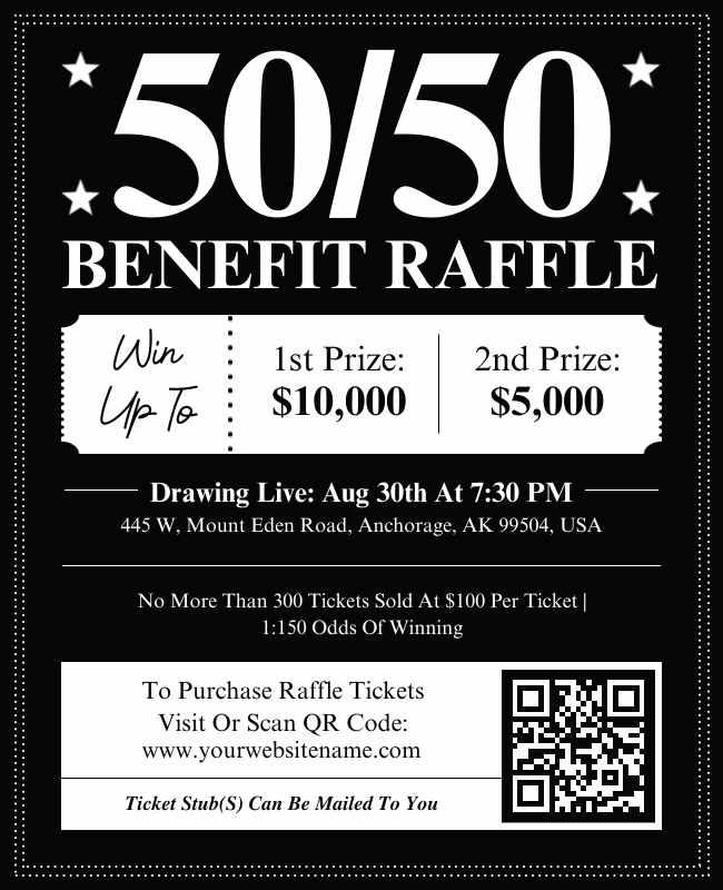 Minimalist black and white raffle flyer with simple design and clear event details