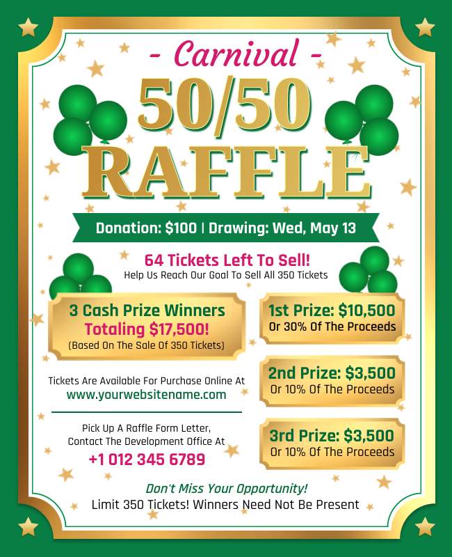 Carnival-themed raffle flyer with vibrant colors, fun graphics, and event details