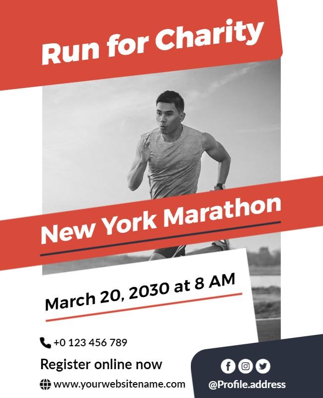 Charity marathon flyer with event details and participant perks.