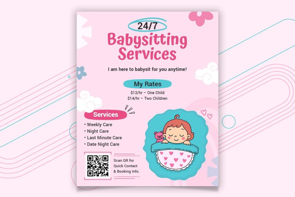 Charming Soft Pink Babysitting Services Information Flyer Template