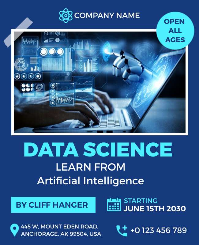 Artificial Intelligence flyer showcasing data science applications and career opportunities.