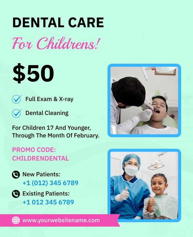 Healthcare flyers promoting dental checkups, treatments, and special offers.