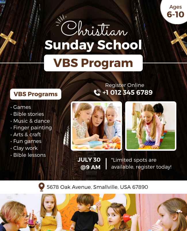 Christian Sunday School VBS program flyer with faith-based visuals.