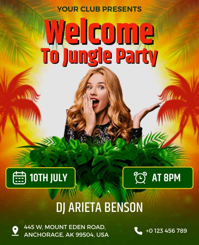 Vibrant Tropical Jungle Party Flyer with lush greenery and exotic vibes