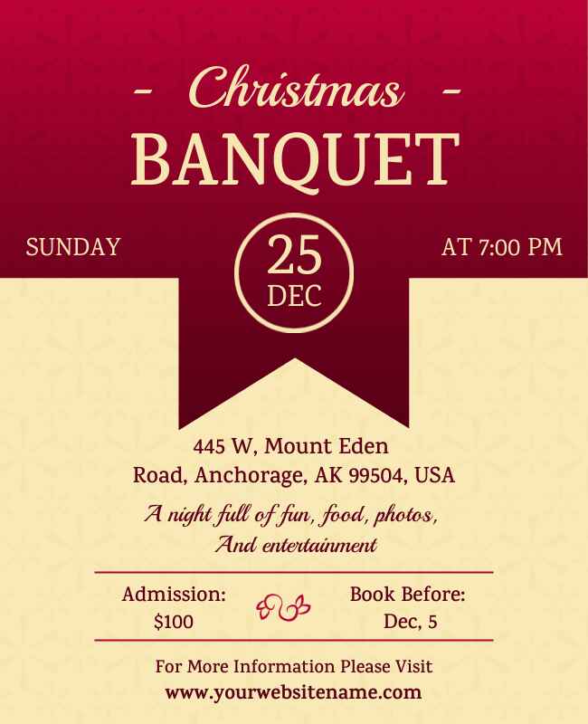 Christmas-themed banquet flyer with festive designs for holiday events.