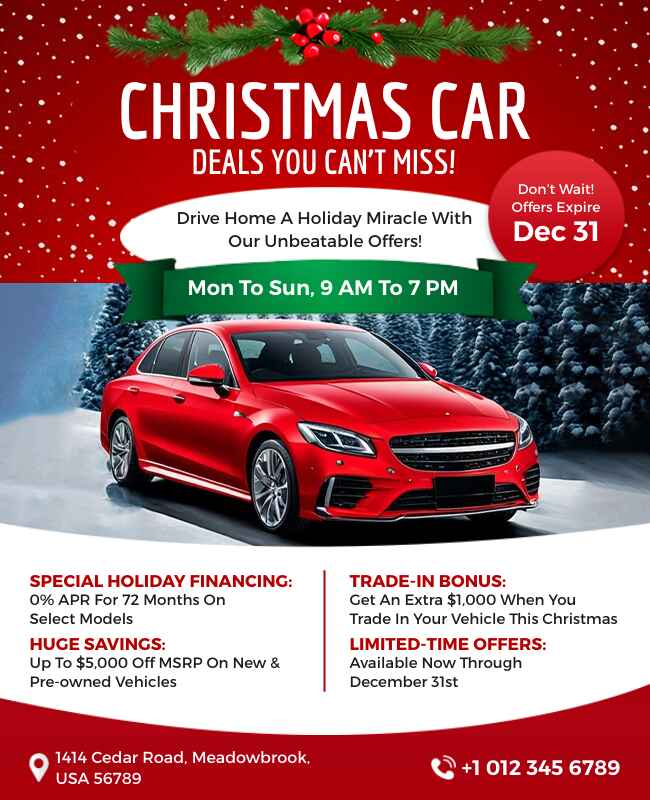 Christmas-themed flyer promoting car sales and discounts during the festive season.