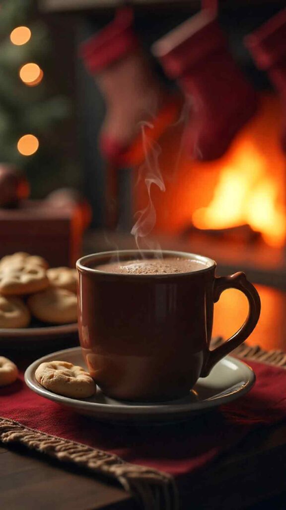 Christmas Cookies And Cocoa Near Fireplace Background