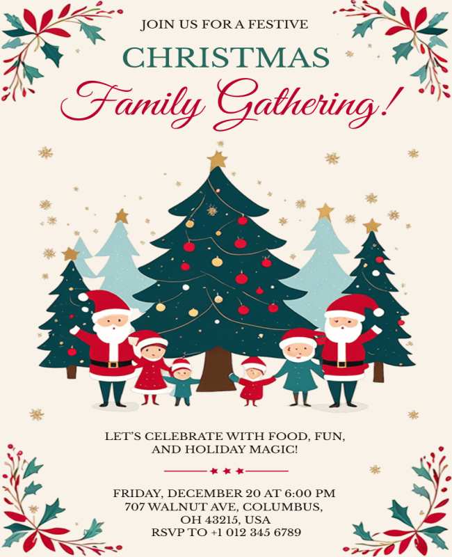 Festive family fun flyer with bright colors, Santa, and elves, ideal for Christmas tree shops and holiday activities