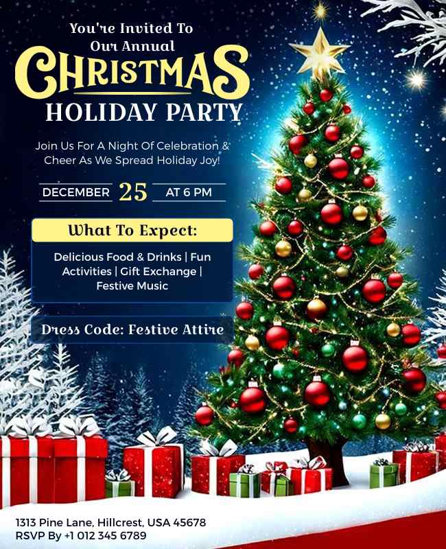 Holiday event flyer promoting Christmas tree lighting, special offers, and exclusive discounts.