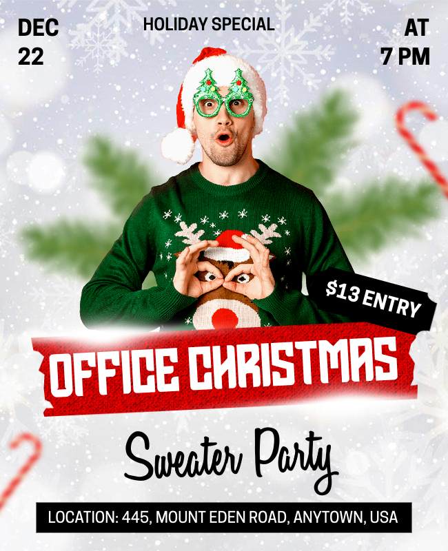 A festive office party flyer with holiday-themed decorations and a professional yet cheerful design